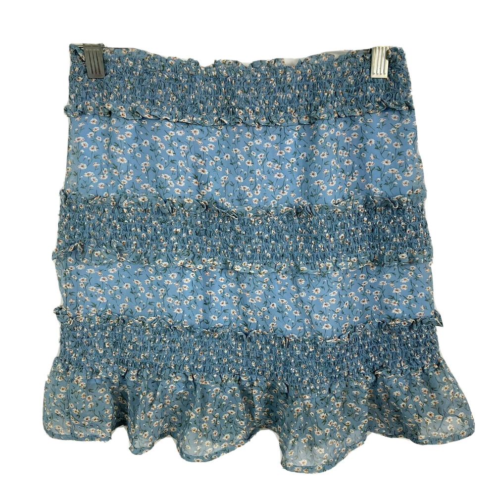 Storia Skirt Womens Sz S Blue Floral Chiffon Tiered Ruffle Shirred Pull On Flowy